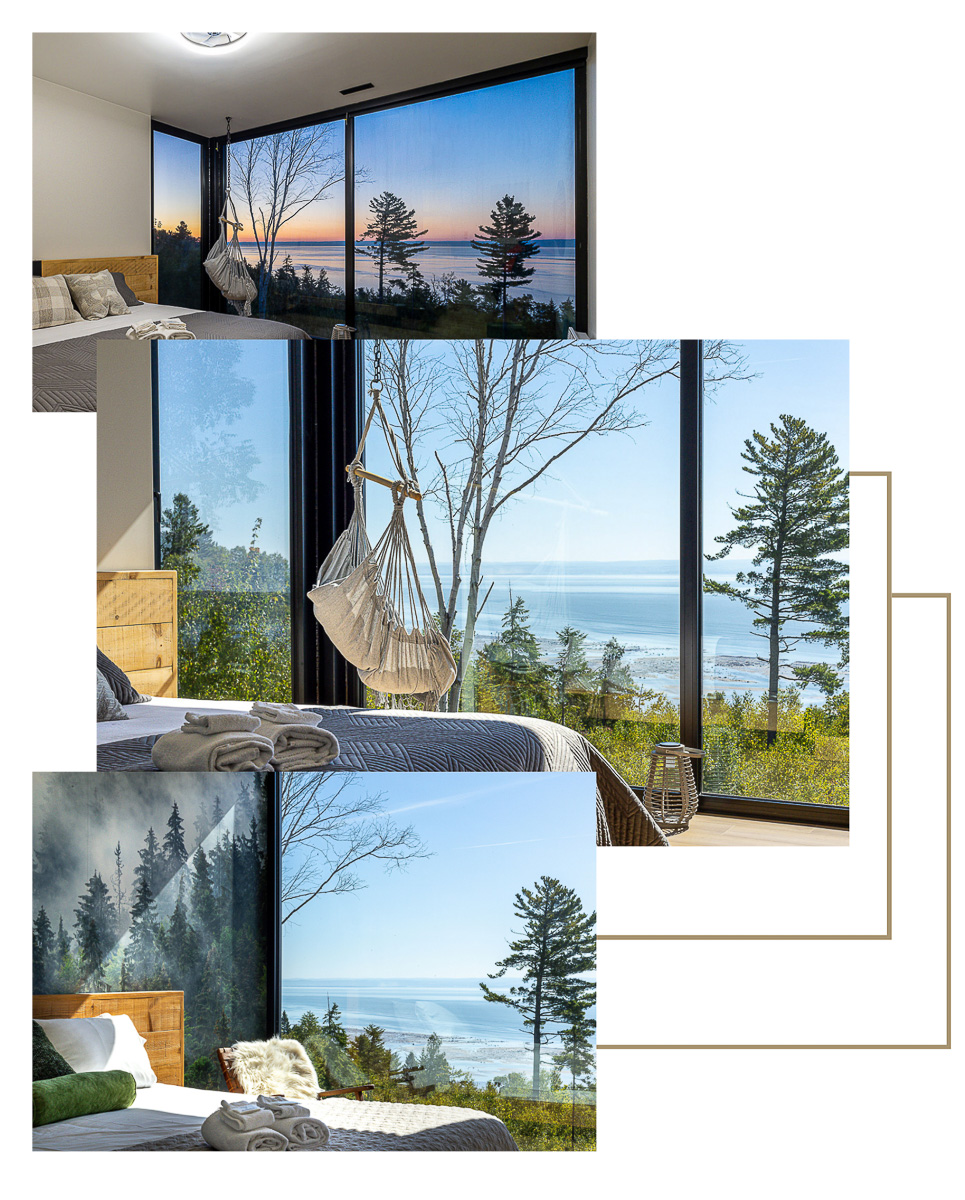exemples de photographies de chambres avec vue sur le fleuve Saint-Laurent d'hébergements touristiques au Québec dont notamment dans Charlevoix